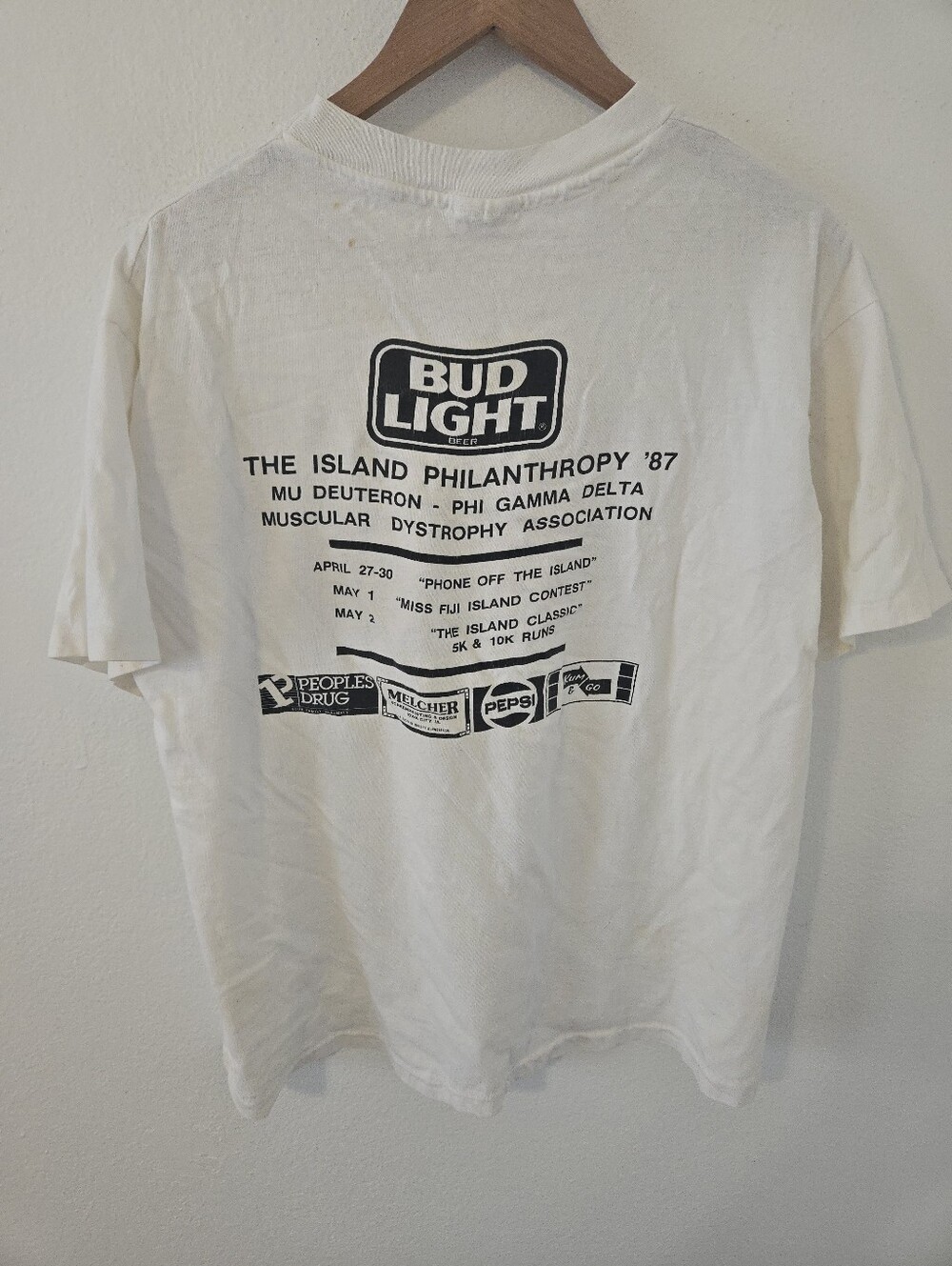 VIntage 1987 Bud Light Island Philanthropy Fiji T Shirt Mens XL Muscular Dystrop - Picture 2 of 6